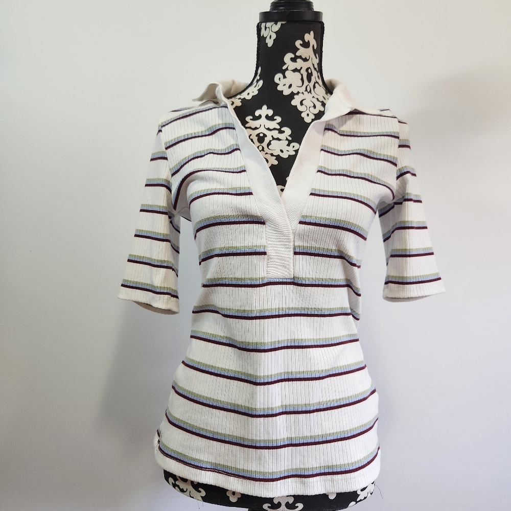 Free People White,Pistachio green,light blue and maroon striped V-neck Shirt - Picture 1 of 5